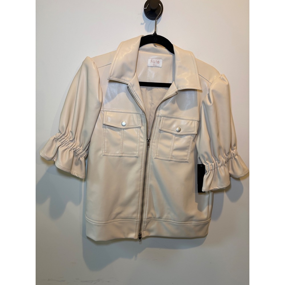 Fate Faux Leather Puff Sleeve Jacket Ivory Cream Zip Up Ruffle Small RN131468 - Picture 2 of 9